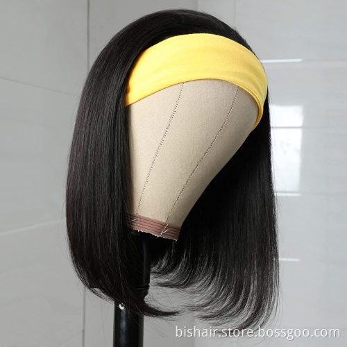 straight Bob Headband Human Hair Wigs For Black Women 150% Remy Brazilian Short Bob Head band Gluless Machine Made Scarf Wigs